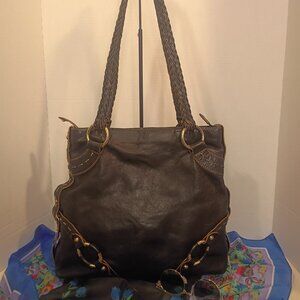 VIA SPIGA Black Leather Shoulder Bag Brass Hardware Braided Straps Italian